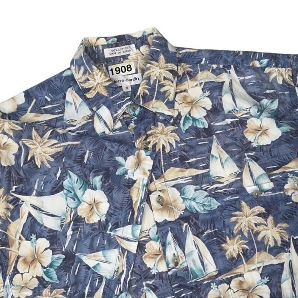 VTG Pierre Cardin‎ Blue Hawaiian Floral Button Up Shirt Men M Korea 100% Cotton